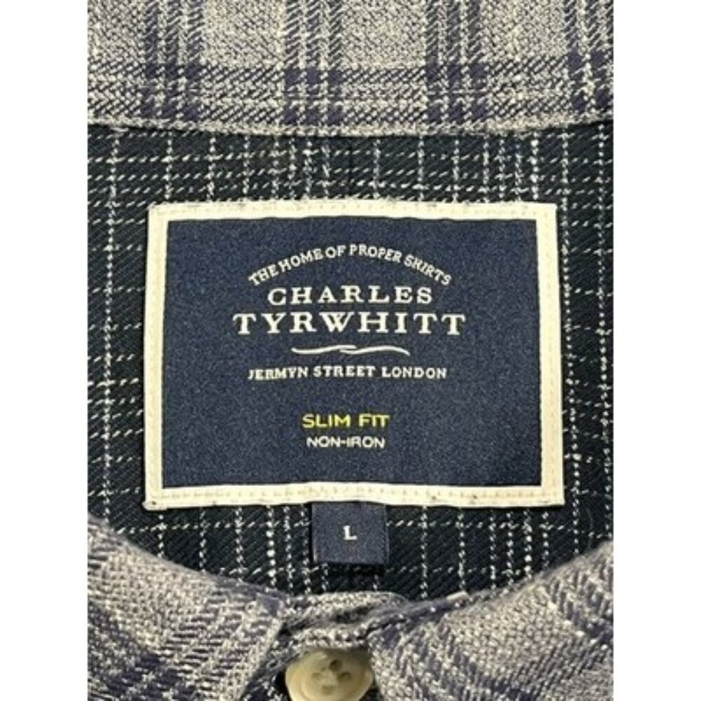 Men’s Large Charles Tyrwhitt Non Iron Slim Fit Oxford Plaid Gray Blue - Picture 7 of 13